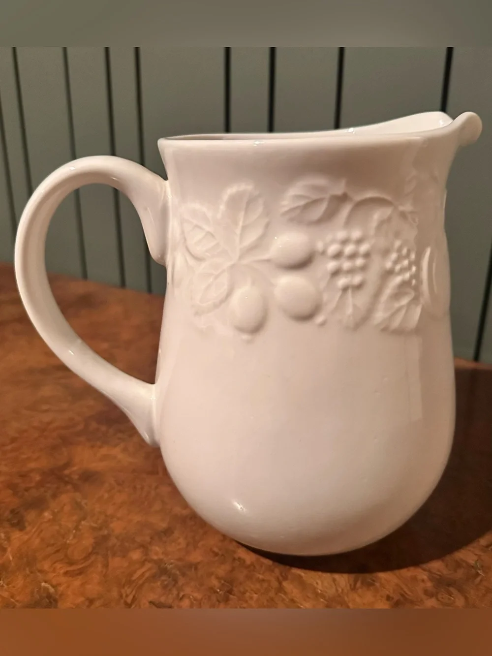 Gibson China Houseware Pitcher White Ceramic Embossed Fruit Pattern Farmhouse